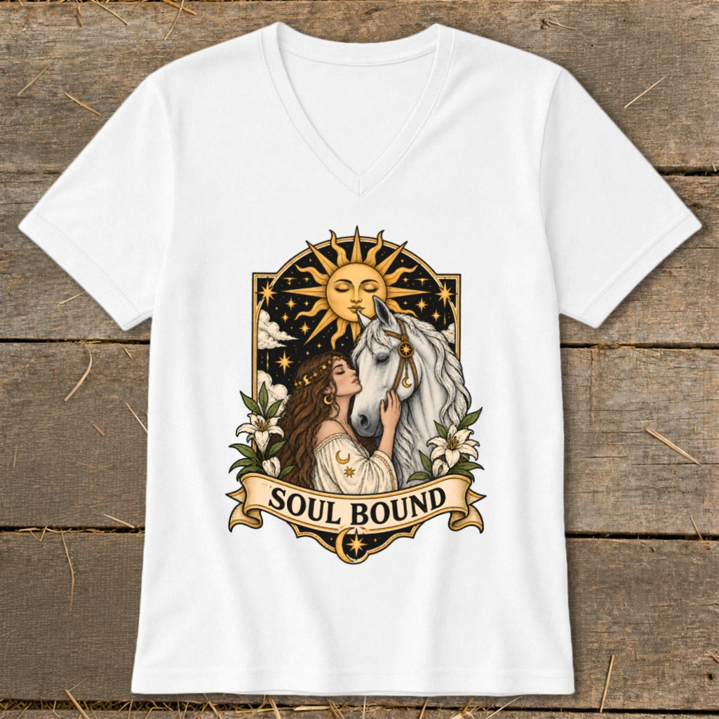 White v-neck t-shirt with "Soul Bound" graphic featuring a woman and horse.