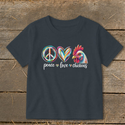 Dark t-shirt with colorful peace sign, heart, and chicken with "peace love chickens" text.