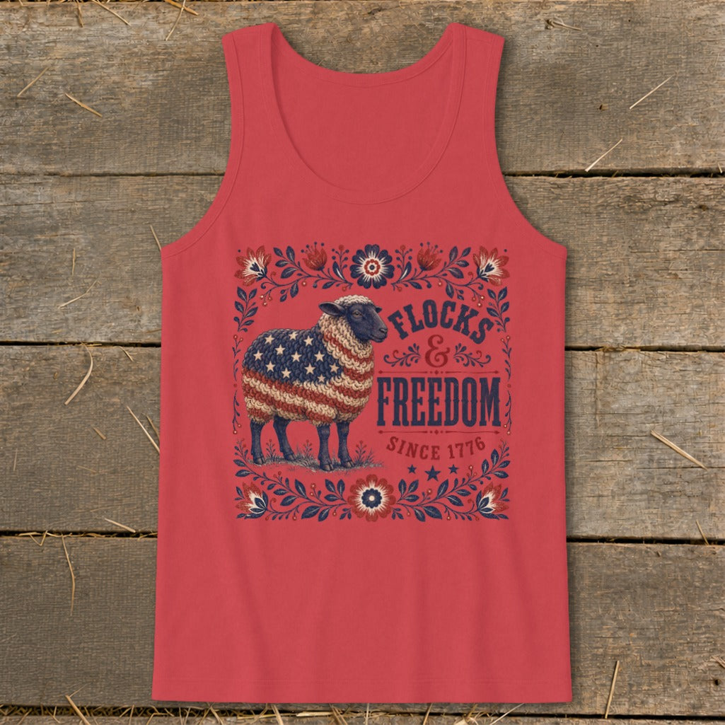 Red tank top with sheep graphic and text "Flocks & Freedom Since 1776".