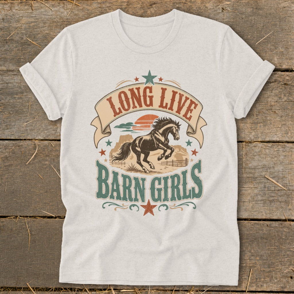 White t-shirt with "Long Live Barn Girls" text and a galloping horse design.