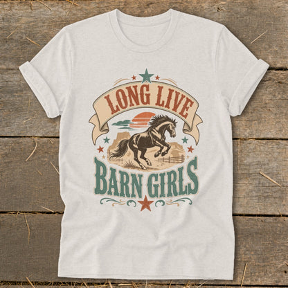 White t-shirt with "Long Live Barn Girls" text and a galloping horse design.