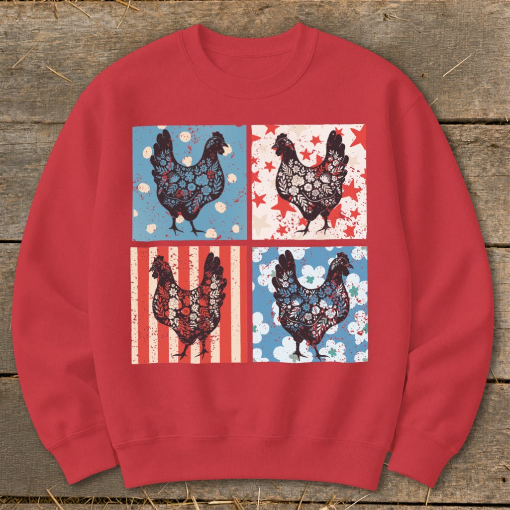 Red sweatshirt with four decorative chicken squares featuring patriotic patterns.