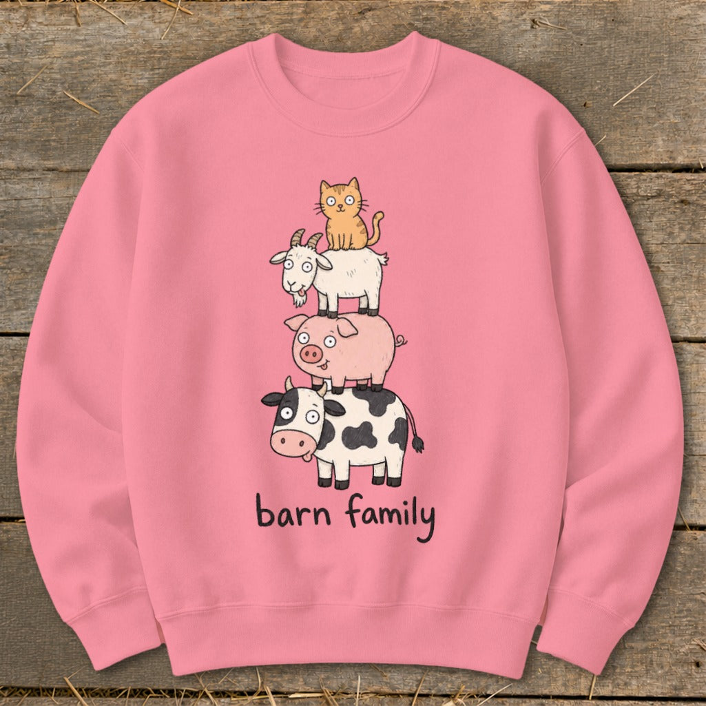 Pink sweatshirt with cartoon barn animals stacked and "barn family" text.
