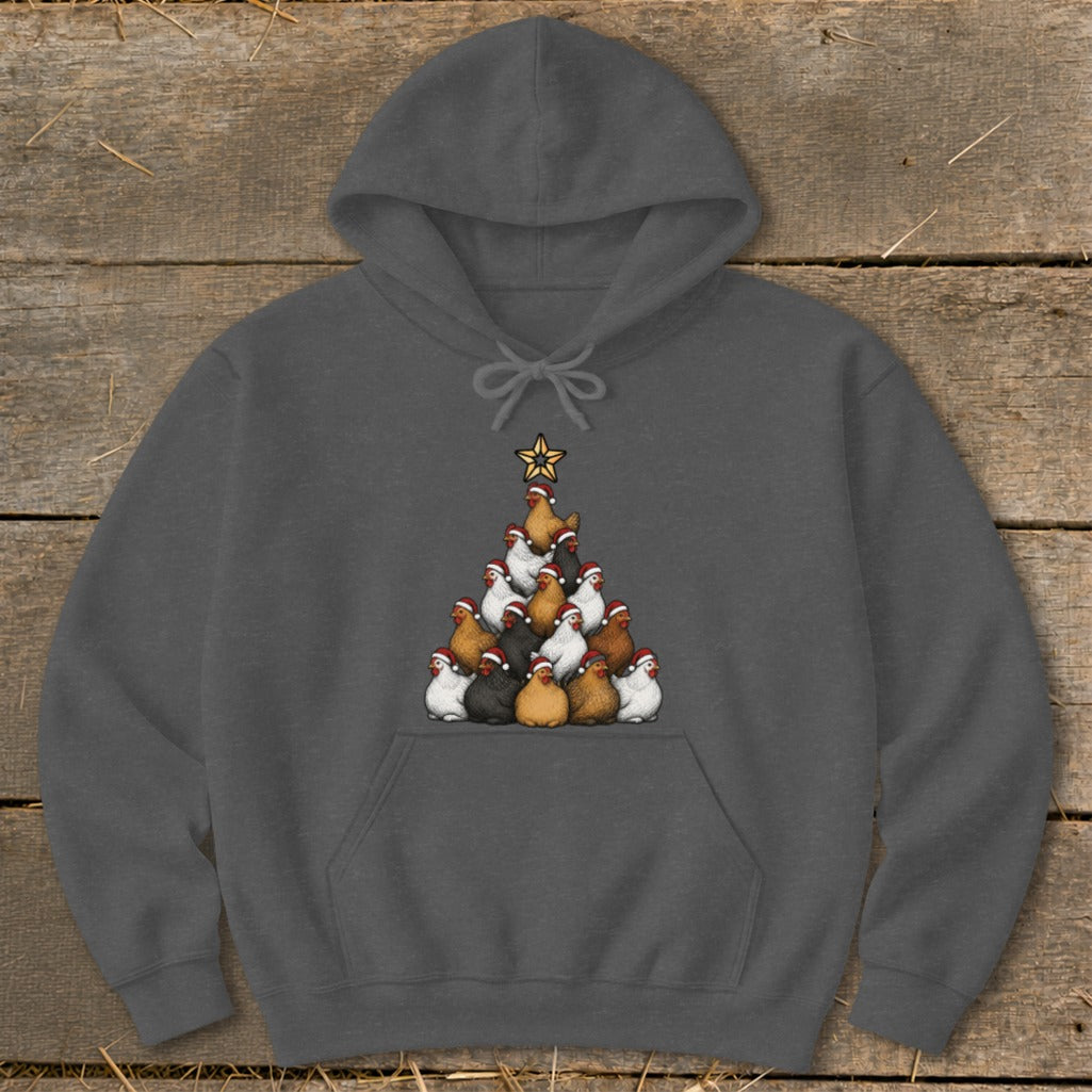 Dark grey hoodie with a Christmas tree made of chickens wearing Santa hats.