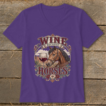 Purple t-shirt with "Wine Because Horses" text, horse head, wine glass, and desert scene.