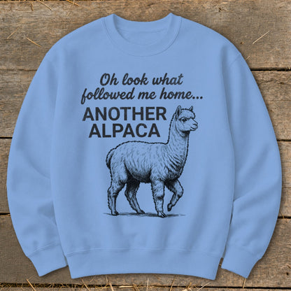 Light blue sweatshirt with black text and an alpaca illustration.
