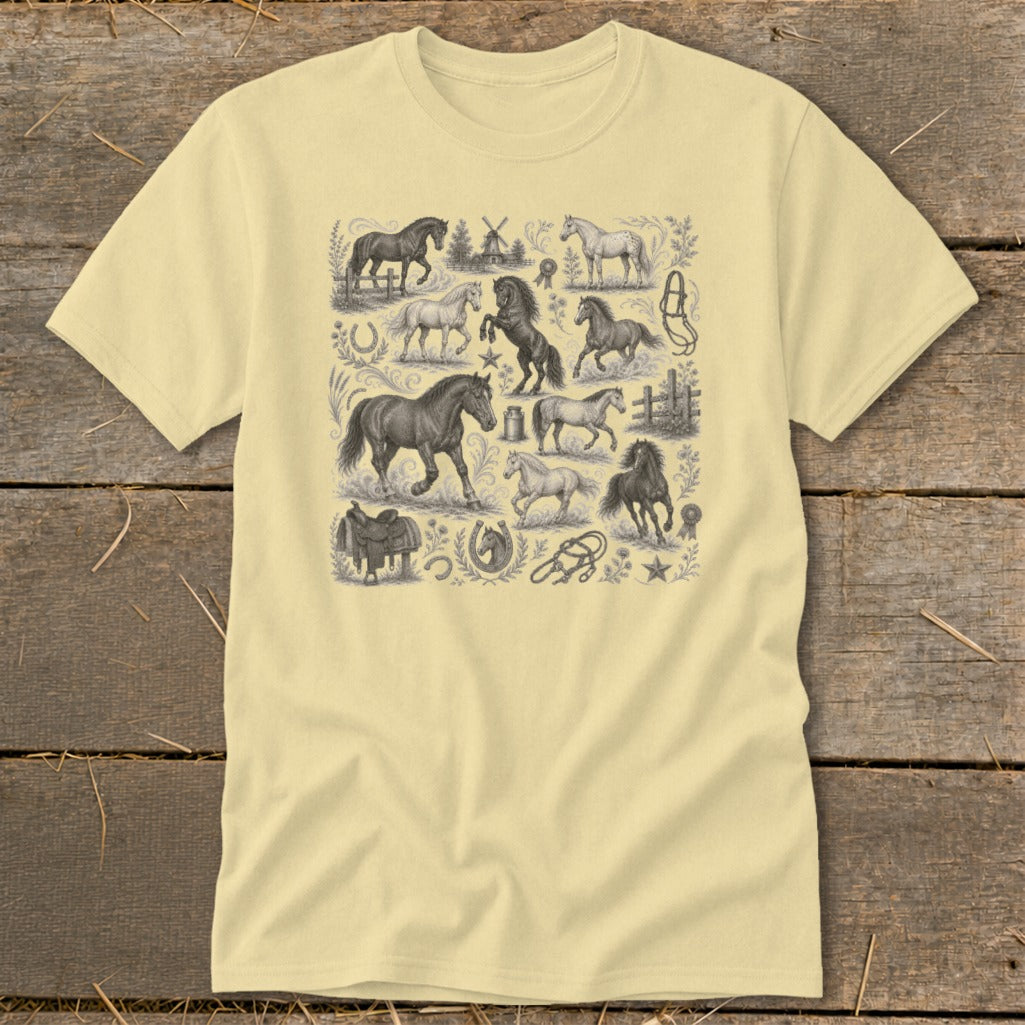 T-shirt with a collage of horses, saddles, horseshoes, and western motifs.