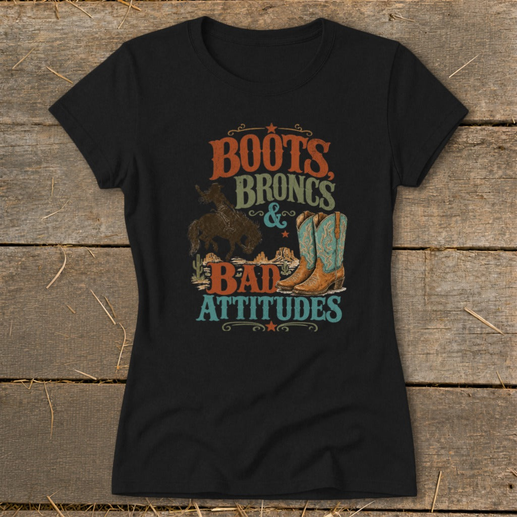 Black t-shirt graphic with text "BOOTS, BRONCS & BAD ATTITUDES" and cowboy boots.