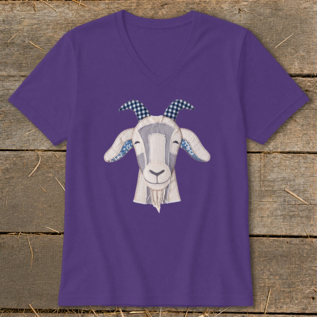 Purple v-neck t-shirt with a stitched goat applique on the front.