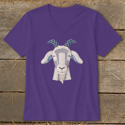 Purple v-neck t-shirt with a stitched goat applique on the front.