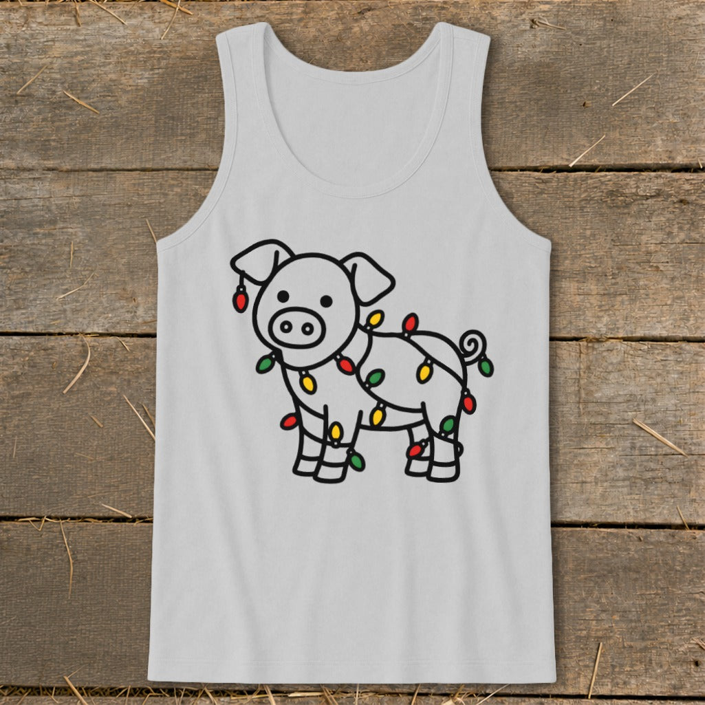 Light grey tank top featuring a black line drawing of a pig wrapped in colorful Christmas lights.