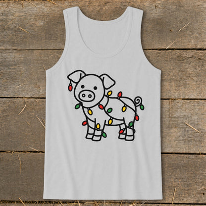 Light grey tank top featuring a black line drawing of a pig wrapped in colorful Christmas lights.