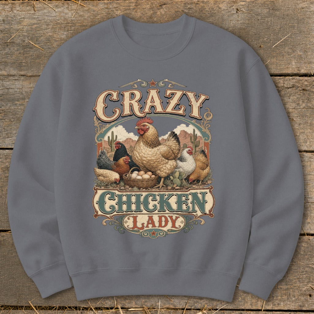 Crazy Chicken Lady graphic with chickens and desert landscape.