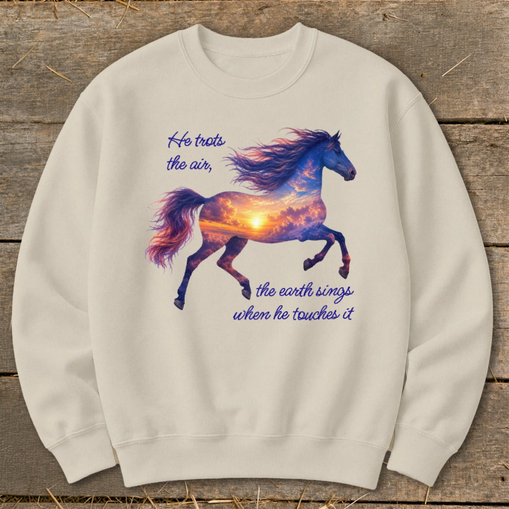 Cream-colored crewneck sweatshirt with a graphic of a running horse filled with a sunset sky and text.