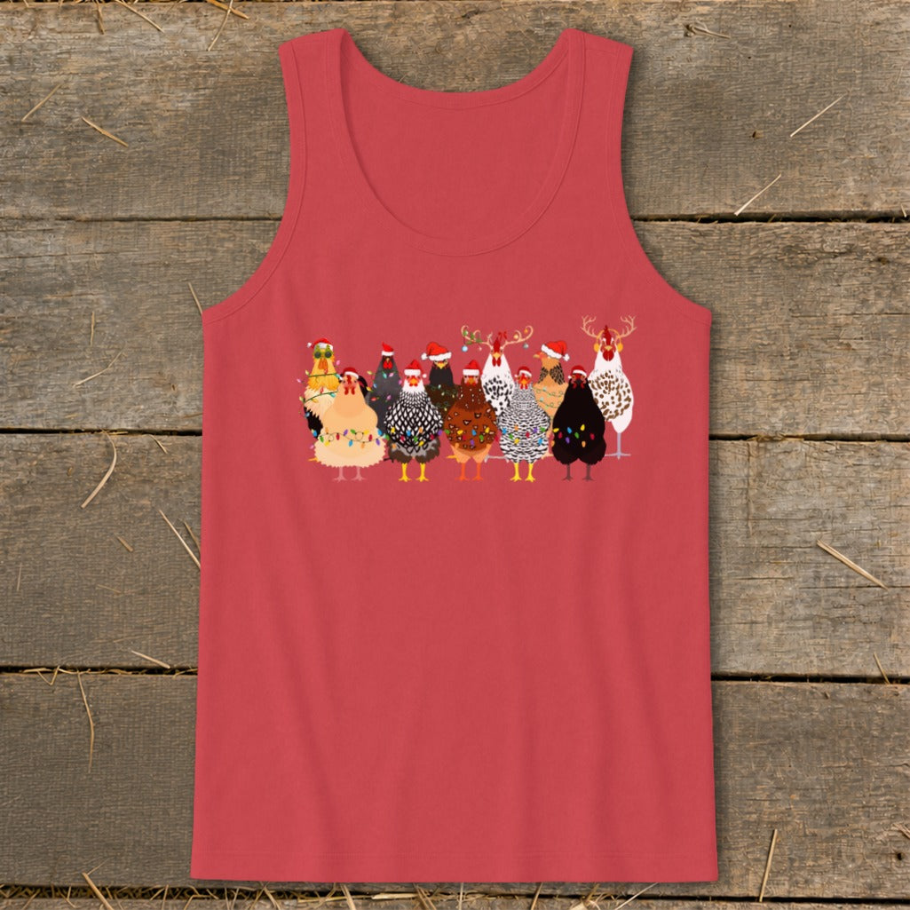 Group of cartoon chickens wearing Santa hats and Christmas lights.