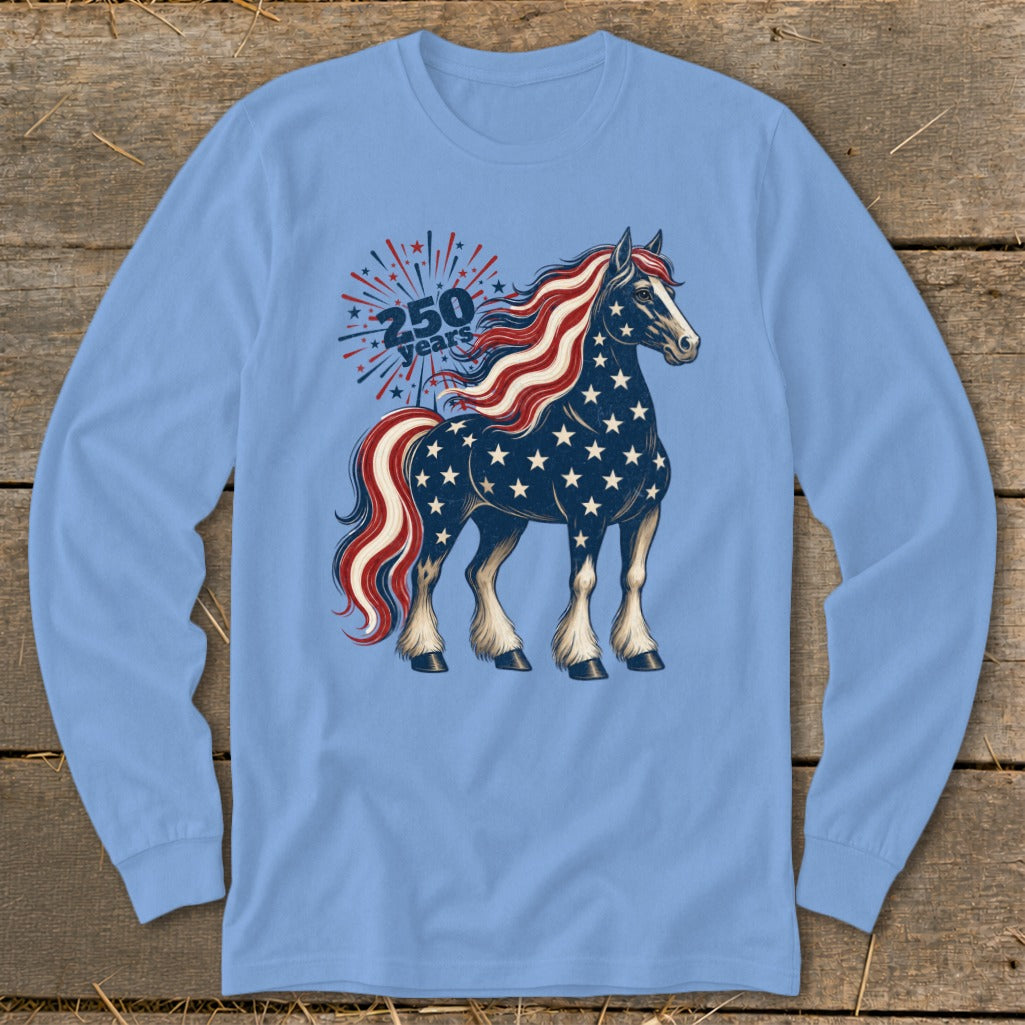 American flag horse graphic with "250 years" text.