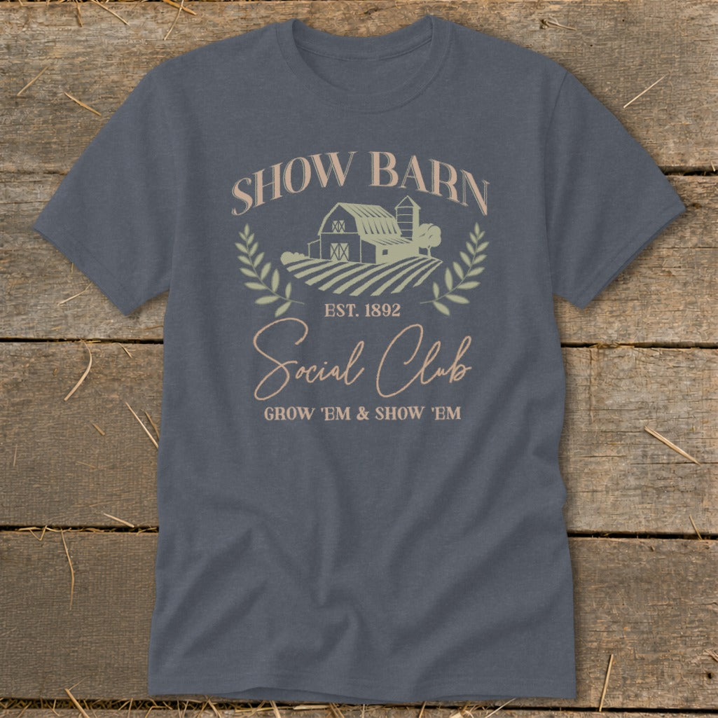 Show Barn Social Club t-shirt with barn, fields, and text.
