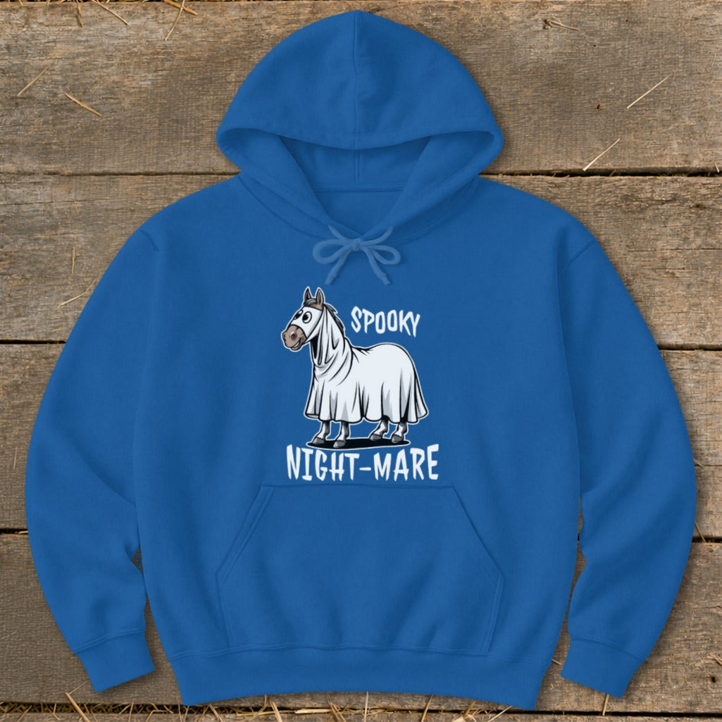 Royal blue hoodie with ghost horse graphic and text "SPOOKY NIGHT-MARE".