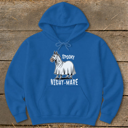 Royal blue hoodie with ghost horse graphic and text "SPOOKY NIGHT-MARE".