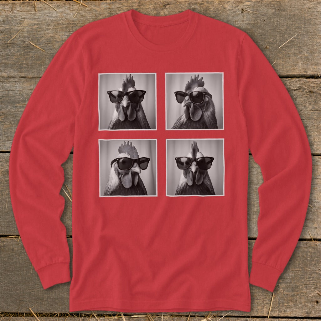 Red long sleeve shirt with four black and white images of roosters wearing sunglasses.