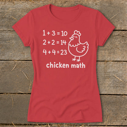Red t-shirt with "chicken math" and math problems with a cartoon chicken.