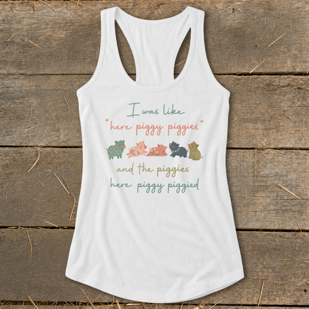 White tank top with a quote and row of stylized pigs.