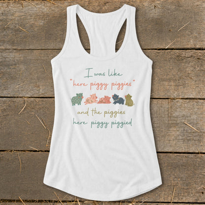 White tank top with a quote and row of stylized pigs.