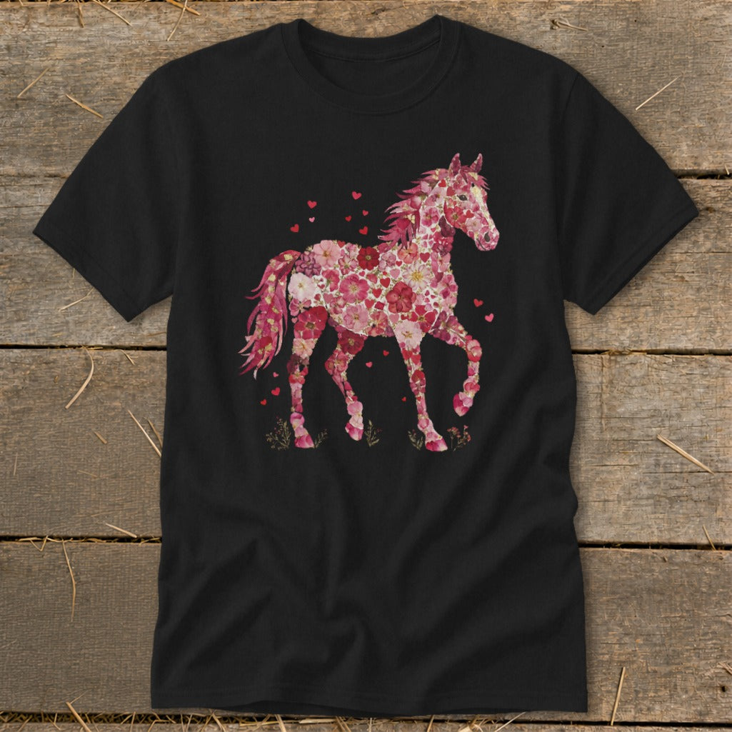 Black t-shirt with a pink floral horse design and small red hearts.