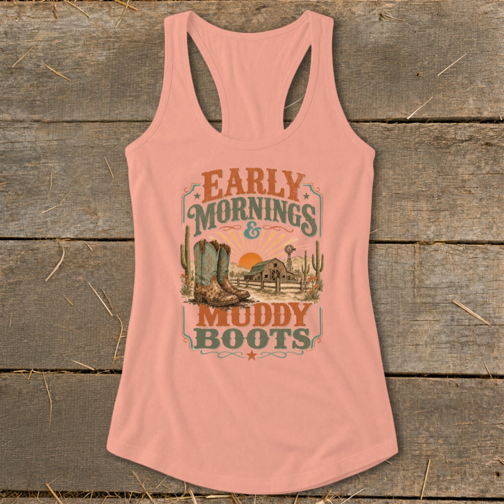 Tank top with "Early Mornings & Muddy Boots" text, boots, barn, and desert scene.