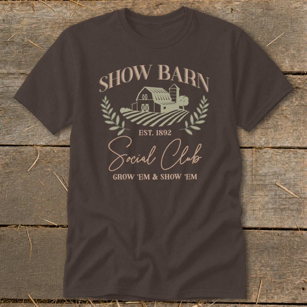 Brown t-shirt with "Show Barn Social Club" design and barn graphic.