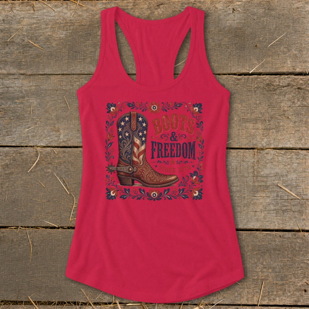Red tank top with a distressed boot graphic and "Boots & Freedom" text.