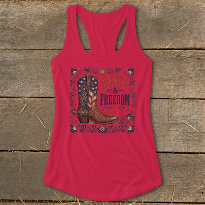 Red tank top with a distressed boot graphic and "Boots & Freedom" text.