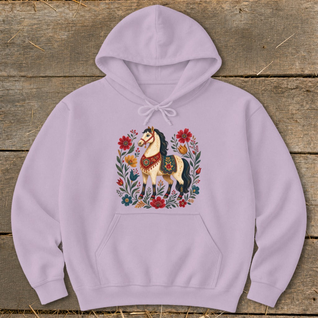 Lavender hoodie with a stylized horse and floral design on the chest.