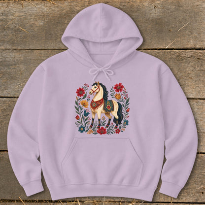 Lavender hoodie with a stylized horse and floral design on the chest.