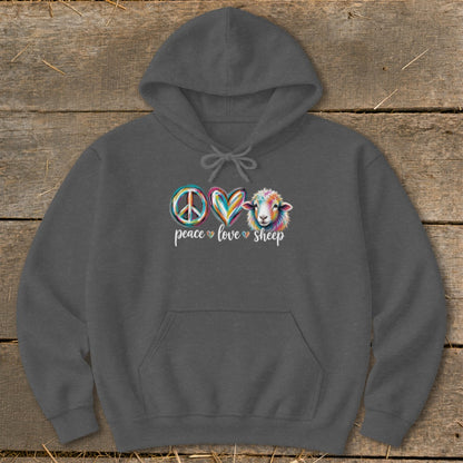Dark gray hoodie with "Peace Love Sheep" graphic featuring colorful peace sign, heart, and sheep.