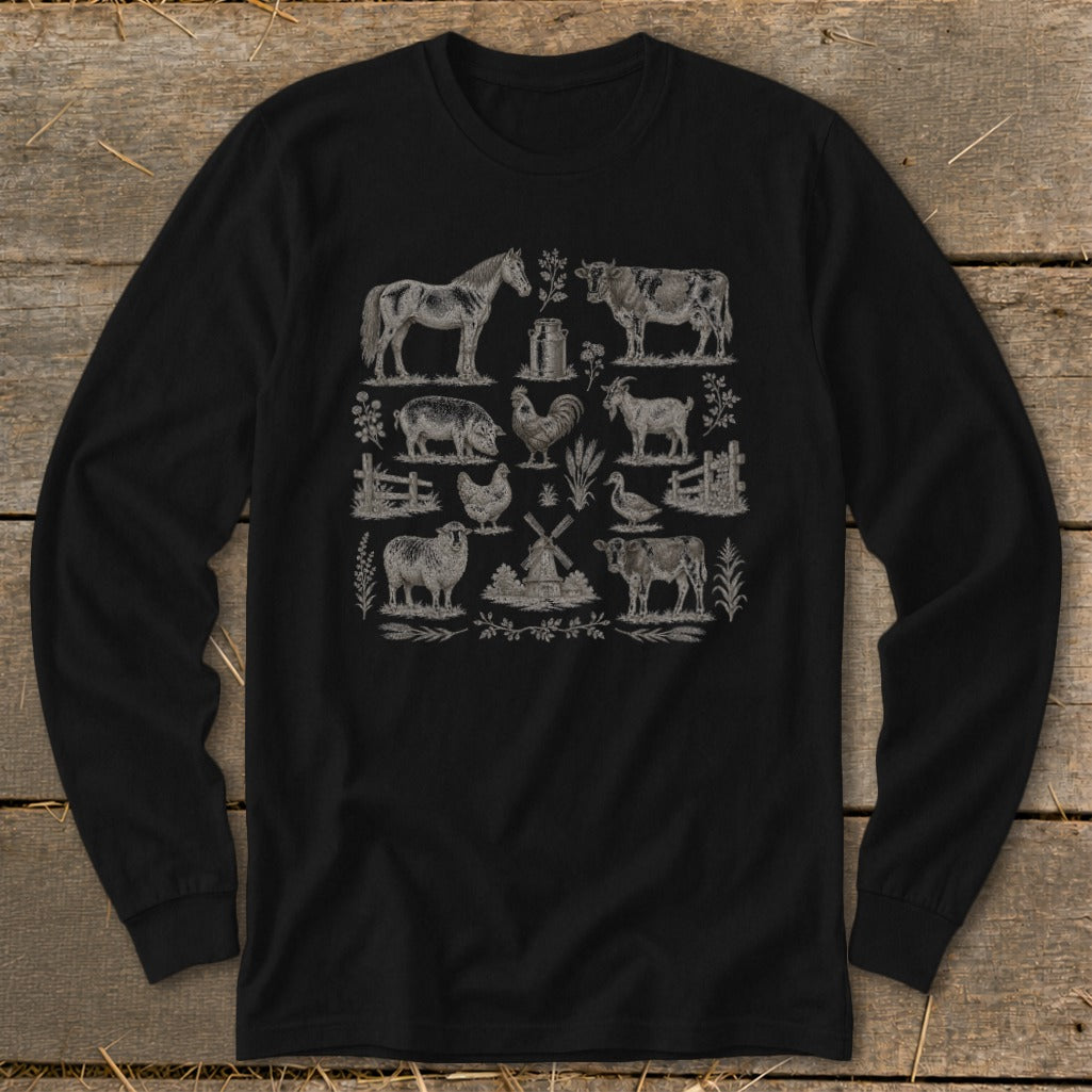 Black long-sleeve shirt with vintage farm animal illustrations in a grid pattern.