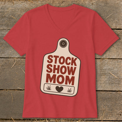 Red v-neck t-shirt with "STOCK SHOW MOM" graphic on a tag.