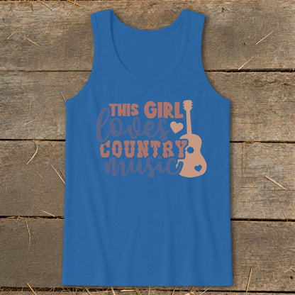 Blue tank top with "THIS GIRL loves COUNTRY music" text and guitar graphic.