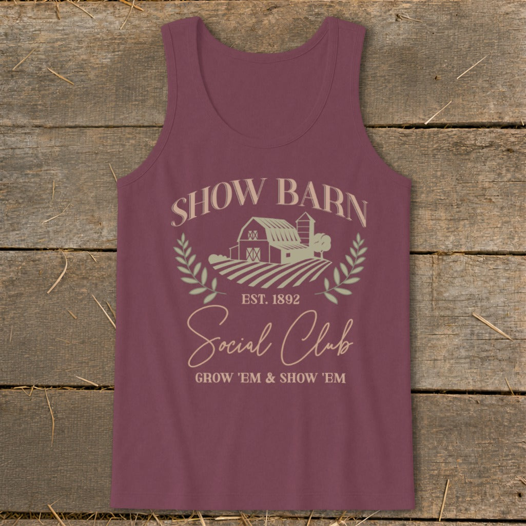 Burgundy tank top with "Show Barn Social Club" graphic.