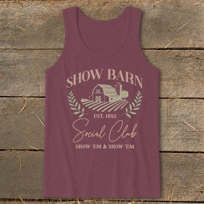 Burgundy tank top with "Show Barn Social Club" graphic.