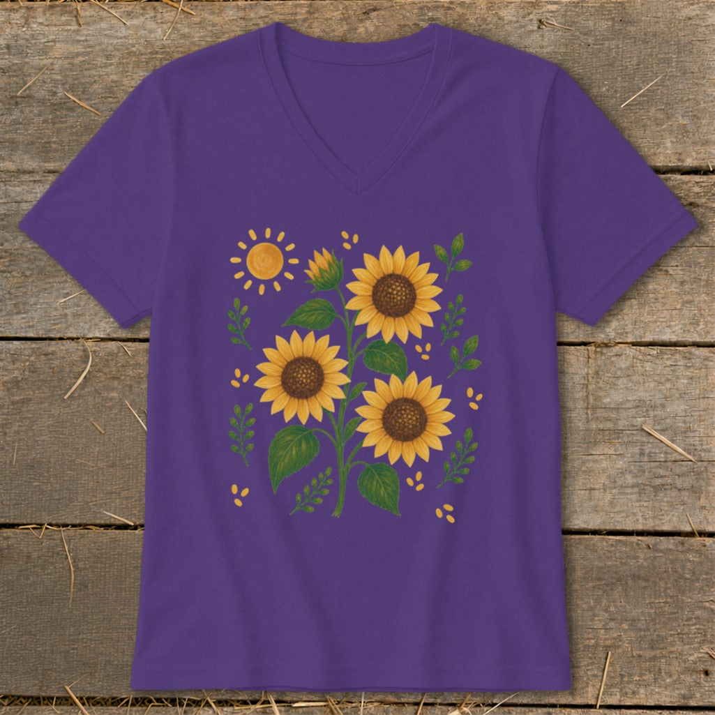 Purple v-neck t-shirt with a sunflower and sun graphic.