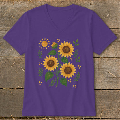 Purple v-neck t-shirt with a sunflower and sun graphic.