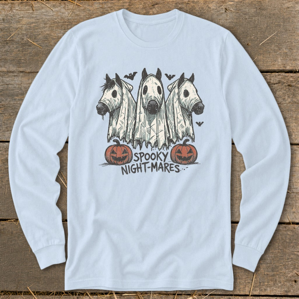 Three horses in sheets with "Spooky Night-Mares" text and pumpkins.