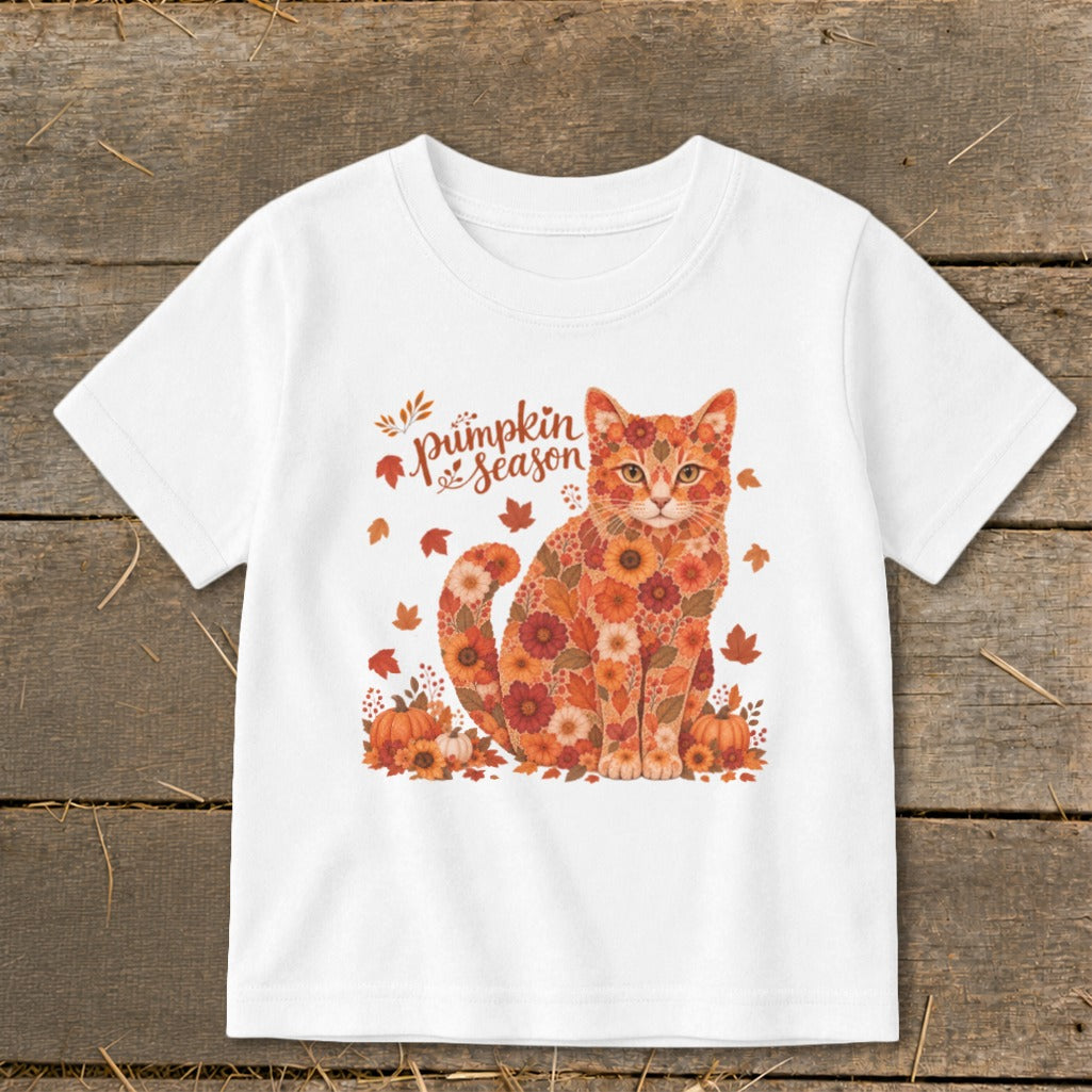 White t-shirt with floral cat, pumpkins, and "Pumpkin Season" text.