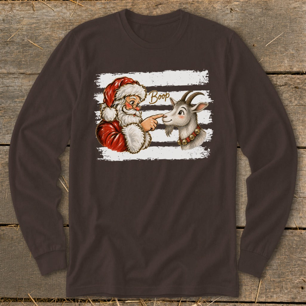 Santa booping a goat with the word "Boop" above it.