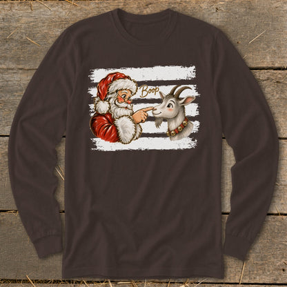 Santa booping a goat with the word "Boop" above it.
