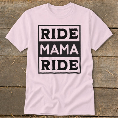 Pink t-shirt with "RIDE MAMA RIDE" text in black boxes.