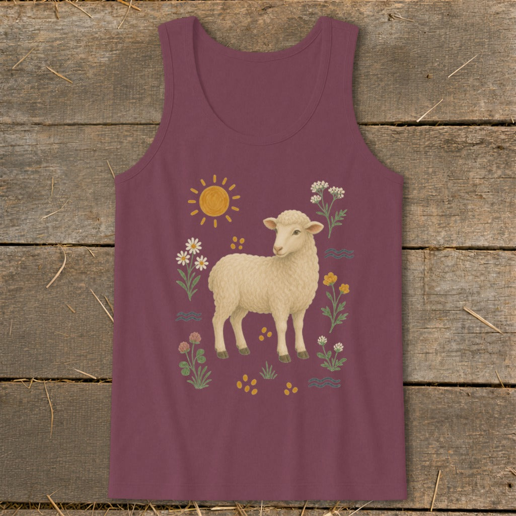 Burgundy tank top with sheep, sun, and floral illustrations.