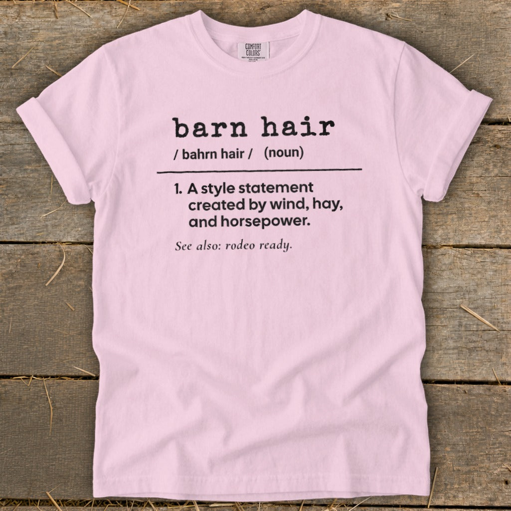 Pink t-shirt with "barn hair" definition and "rodeo ready" text.