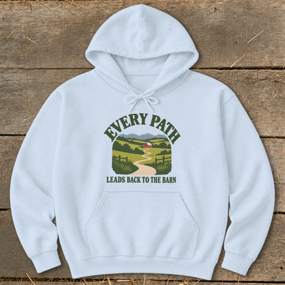 Light blue hoodie with "EVERY PATH LEADS BACK TO THE BARN" graphic.